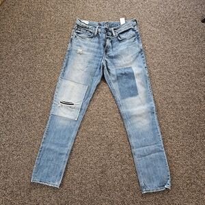 Straight Fit Patchwork Light Wash Denim.